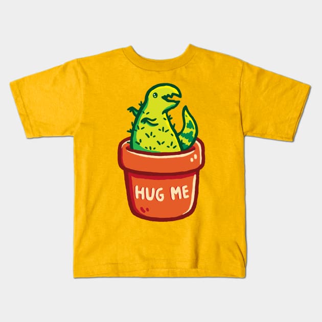 Cute T-Rex Dinosaur Cactus in a Planter & Hug Me Typography Kids T-Shirt by LydiaLyd